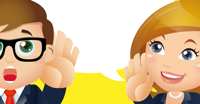 Illustrations of two cartoon business people talking