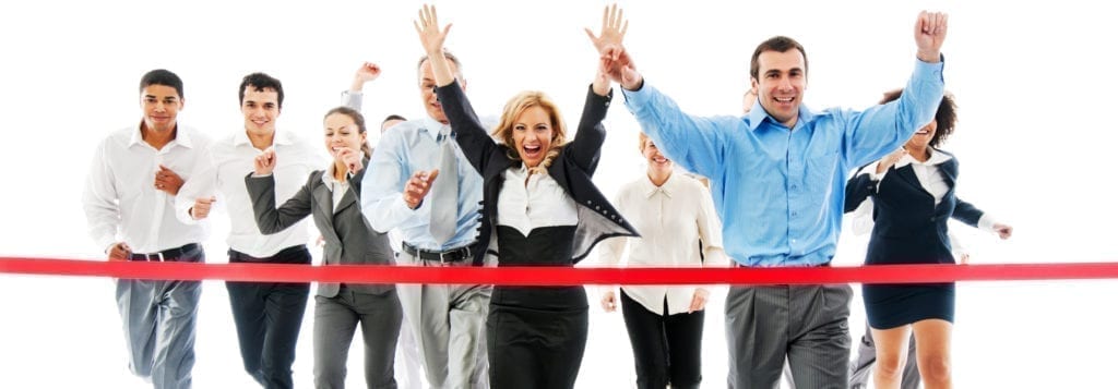Business people running to finish, crossing red line. Isolated on white background.