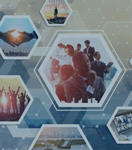 Digital design with hexagon images. These images include handshake and groups of people