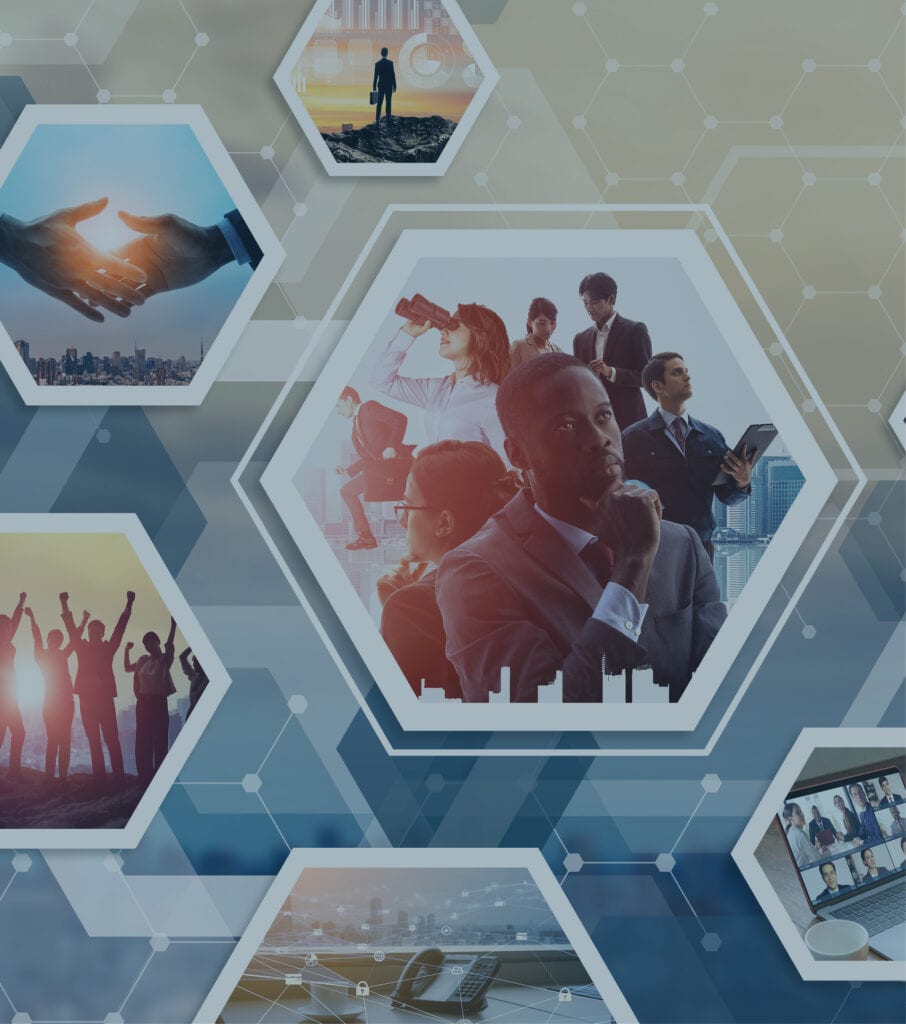 Digital design with hexagon images. These images include handshake and groups of people