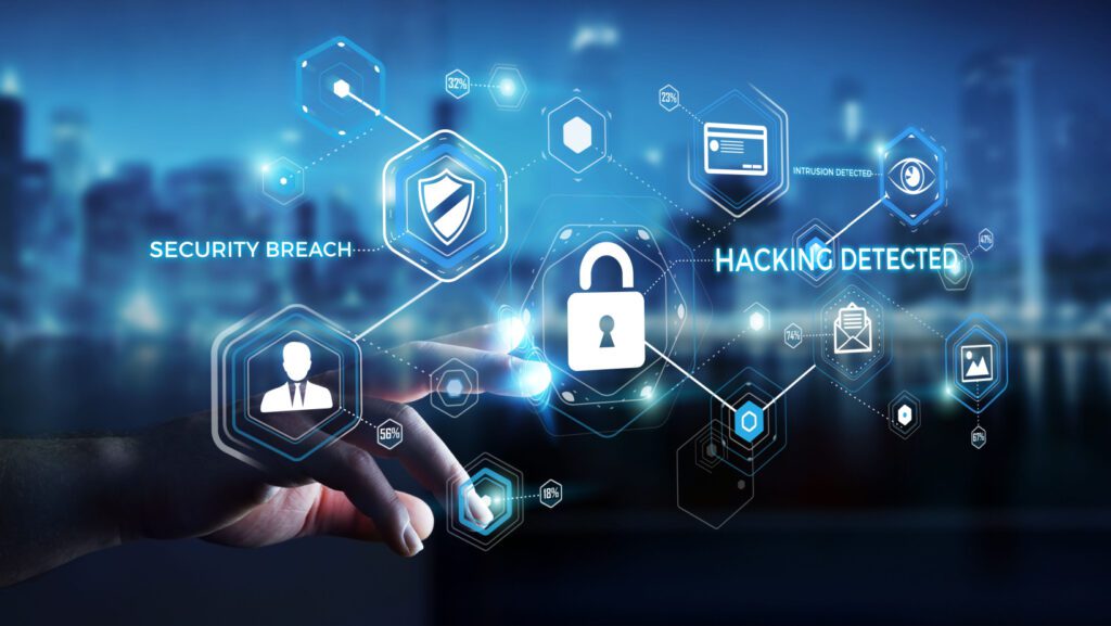 Businessman on blurred background using antivirus to block a cyber attack 3D rendering