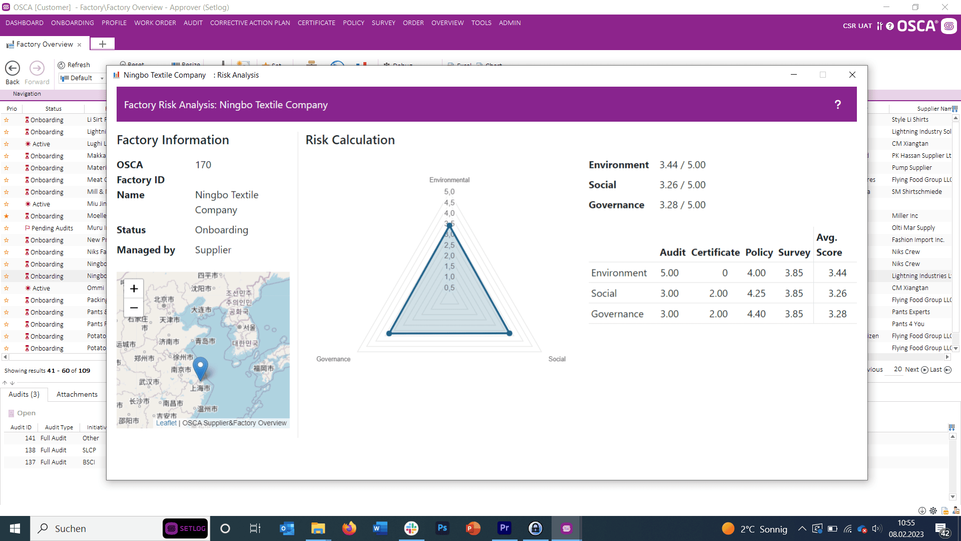 OSCA Risk Analysis by Setlog: Risk assessment of different companies in the aspects “Environment”, “Social”, and “Governance”.