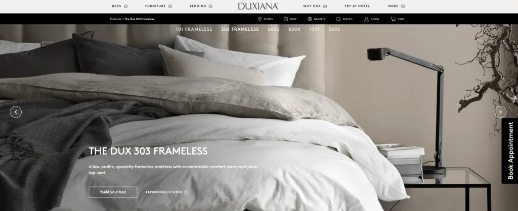 A graphic from Duxiana's website featuring bedding.
