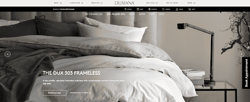 Duxiana website graphic showing high luxury mattresses online.