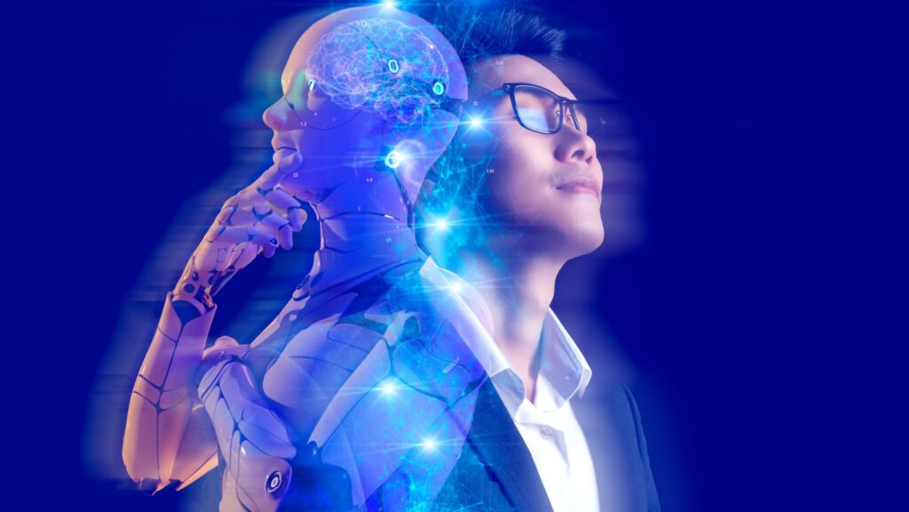 Business investment and metaverse AI artificial intelligence data analysis technology. Businessman and robot future investor, stock market, forex, and crypto currency NFT game finance investment.