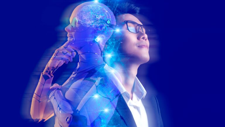 Business investment and metaverse AI artificial intelligence data analysis technology. Businessman and robot future investor, stock market, forex, and crypto currency NFT game finance investment.