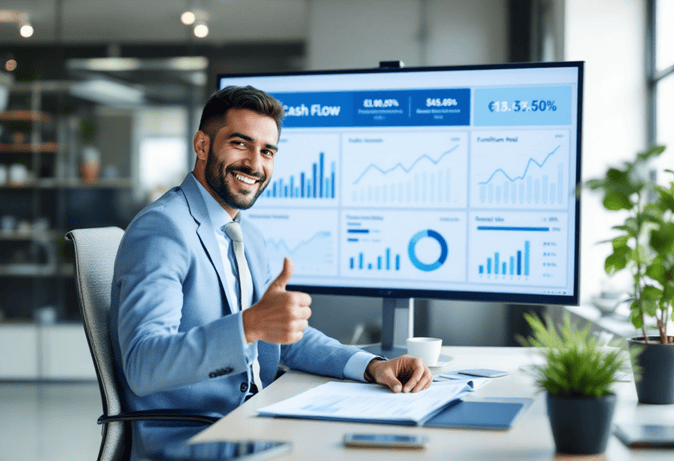 A business man working on business financials and is happy with a thumbs up.