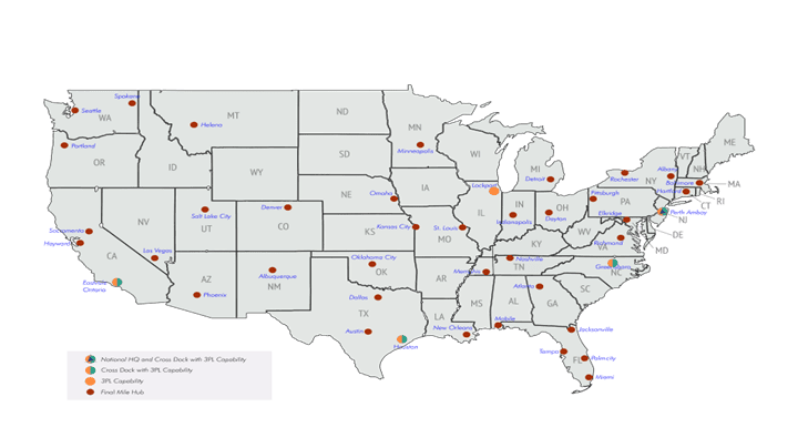 Map of the US showing the Metropolitan Mattress Warehouses