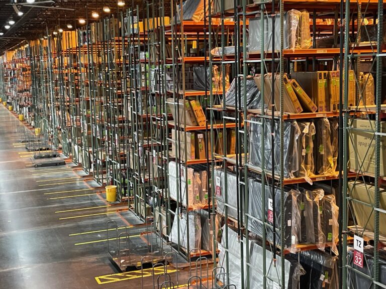 Warehouse racking in a home furnishings distribution center.