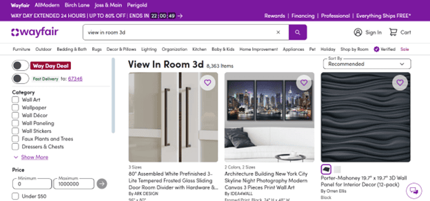 Wayfair View In Room 3D model on website