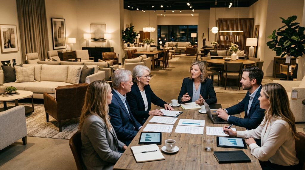 a multigenerational family business leadership discussion in a furniture showroom, with an objective advisor facilitating the conversation.