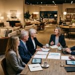 a multigenerational family business leadership discussion in a furniture showroom, with an objective advisor facilitating the conversation.