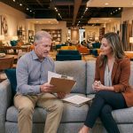 a 60 something year old man is one-on-one training a 30 something female in a furniture store.