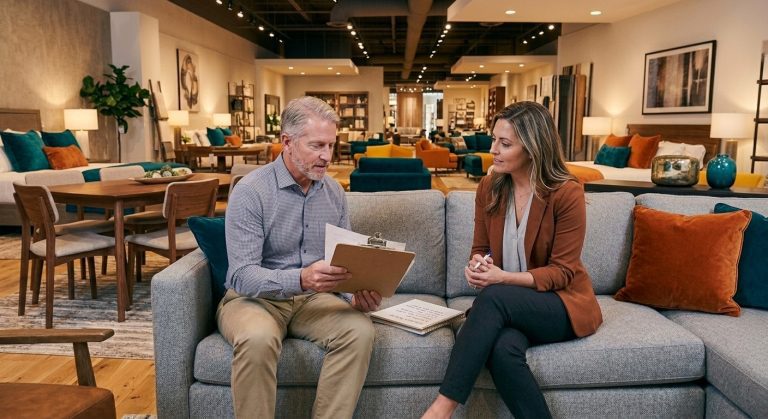 a 60 something year old man is one-on-one training a 30 something female in a furniture store.