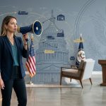 Woman in her 30's with a megaphone with the US Capital illustration and furniture supply chain depiction