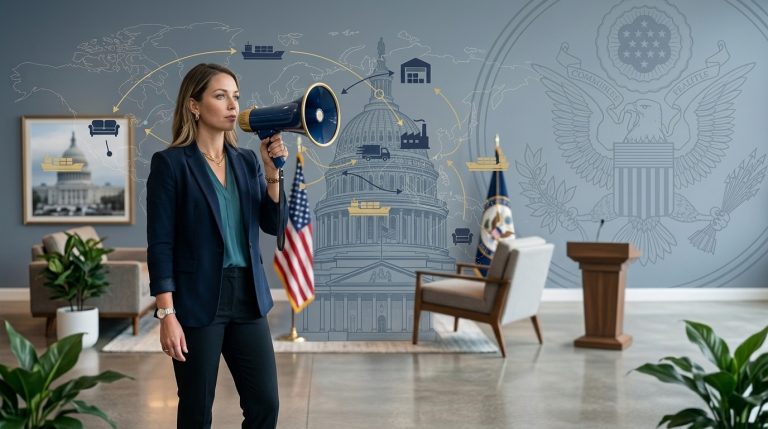 Woman in her 30's with a megaphone with the US Capital illustration and furniture supply chain depiction