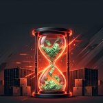 The clock is ticking for tariff refunds. Hourglass with money slipping away. Freight containers and furniture in the background.