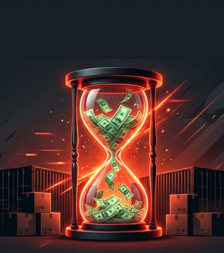 The clock is ticking for tariff refunds. Hourglass with money slipping away. Freight containers and furniture in the background.
