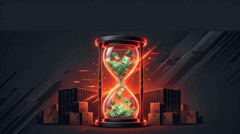 The clock is ticking for tariff refunds. Hourglass with money slipping away. Freight containers and furniture in the background.