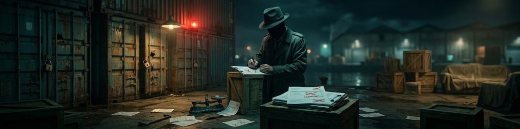 Tariff Fraud. Back actor falsely filling out paperwork in the dark of night.