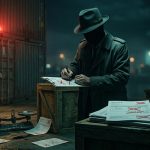 Tariff Fraud. Back actor falsely filling out paperwork in the dark of night.