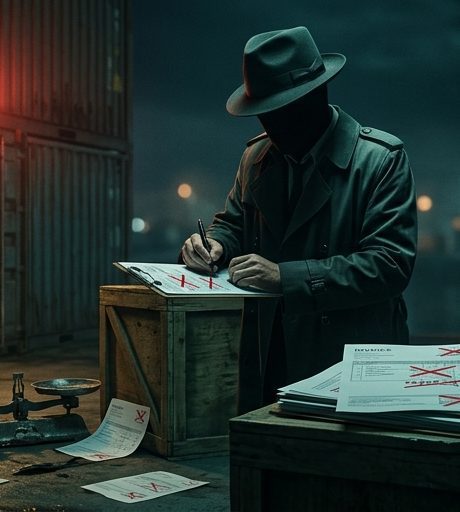 Tariff Fraud. Back actor falsely filling out paperwork in the dark of night.