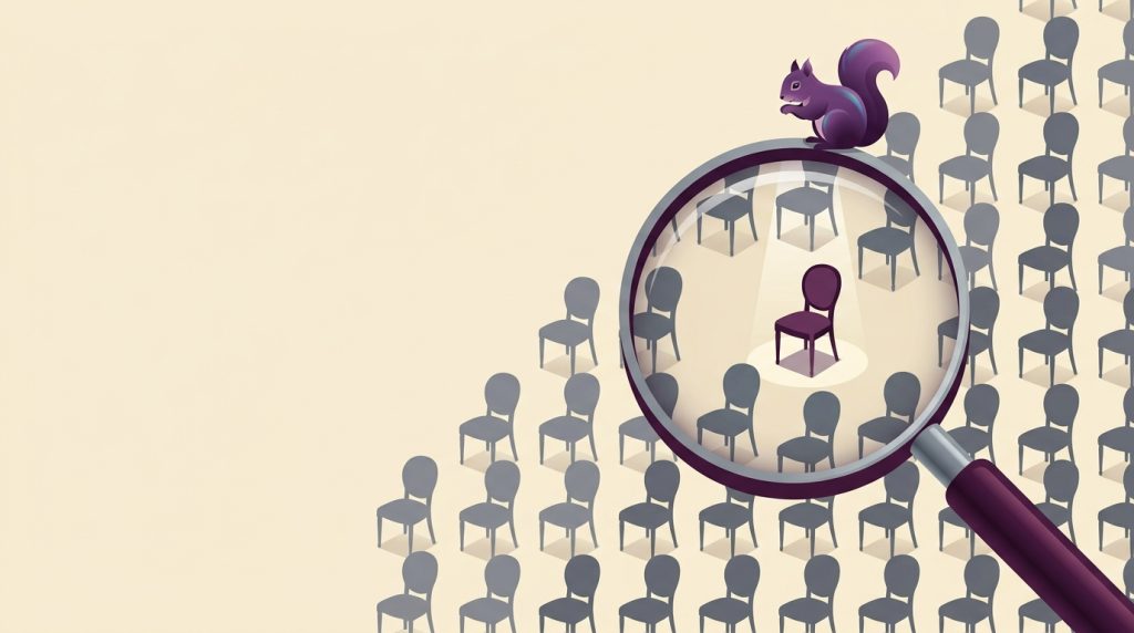 A purple squirrel on top of a magnifying glass looking for a purple chair in a sea of chairs.