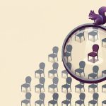 A purple squirrel on top of a magnifying glass looking for a purple chair in a sea of chairs.