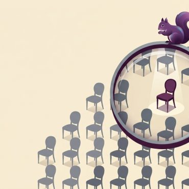 A purple squirrel on top of a magnifying glass looking for a purple chair in a sea of chairs.