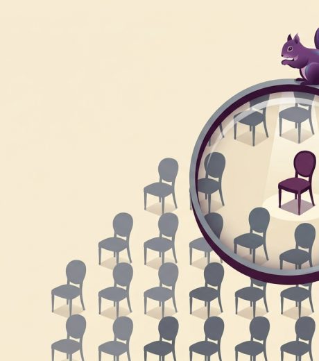 A purple squirrel on top of a magnifying glass looking for a purple chair in a sea of chairs.
